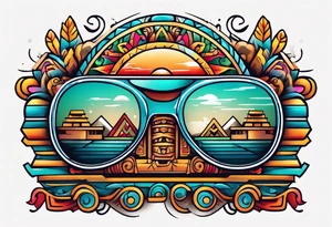 Colorful Mayan hieroglyph with sunglasses tattoo idea
