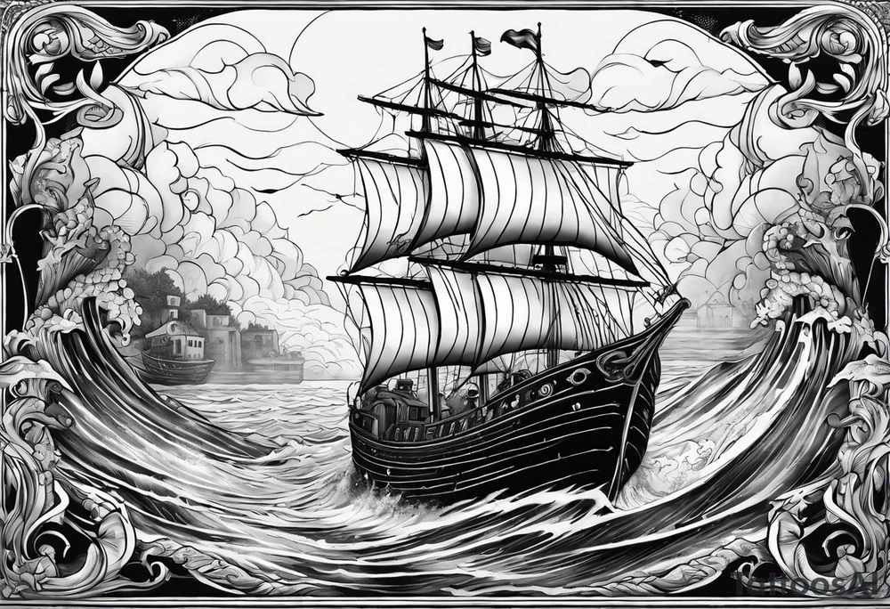 A sale ship sinking with two mermaids, either side, one which is trying to save the boat and one which is trying to help sink it tattoo idea A sale ship sinking with two mermaids, either side, one which is trying to save the boat and one which is trying to help sink it tattoo idea