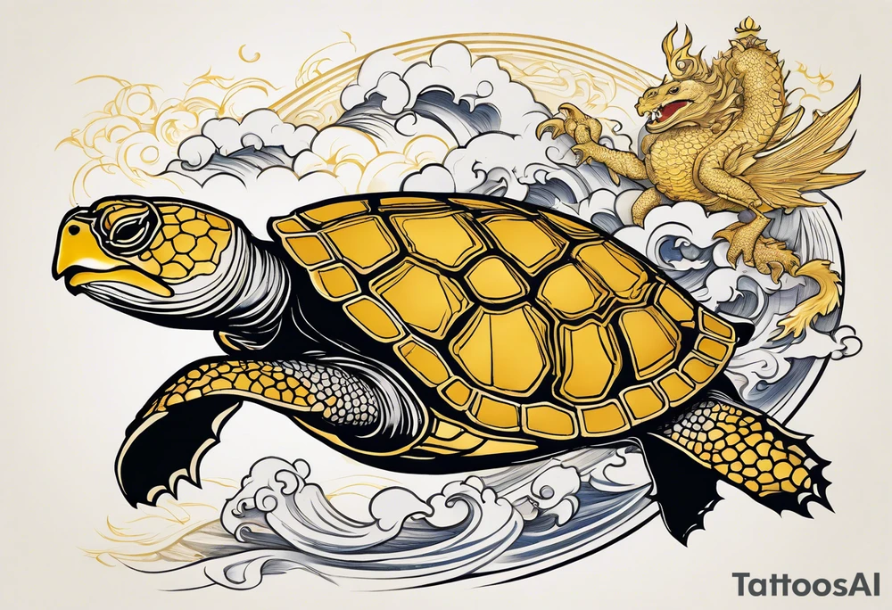 Golden shelled turtle wrapped with a gold dragon, 20 sea sparrows in flight around the turtle and dragon, fire controlman rating symbol tattoo idea
