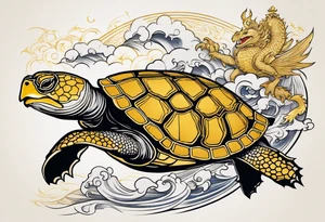 Golden shelled turtle wrapped with a gold dragon, 20 sea sparrows in flight around the turtle and dragon, fire controlman rating symbol tattoo idea