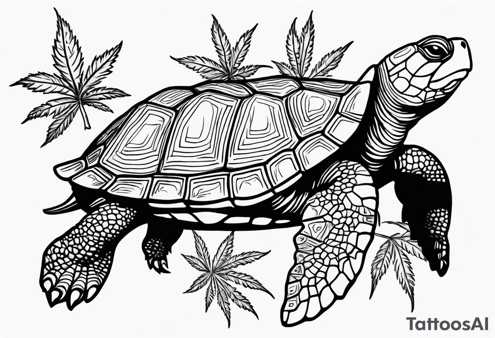 Turtle laying on its back on a marijuana leaf tattoo idea