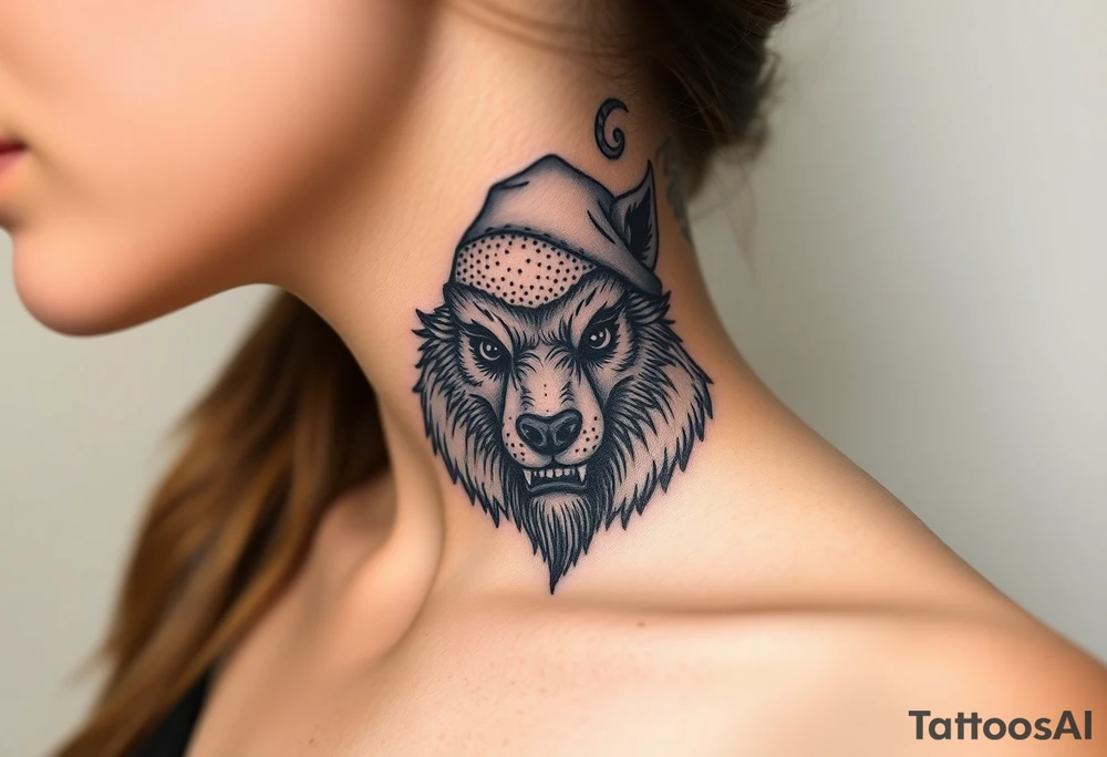 Big bad wolf nursery rhyme wearing a sheep costume with sheep head hood to kill and eat the three little pigs and little red riding hood in the woods tattoo idea