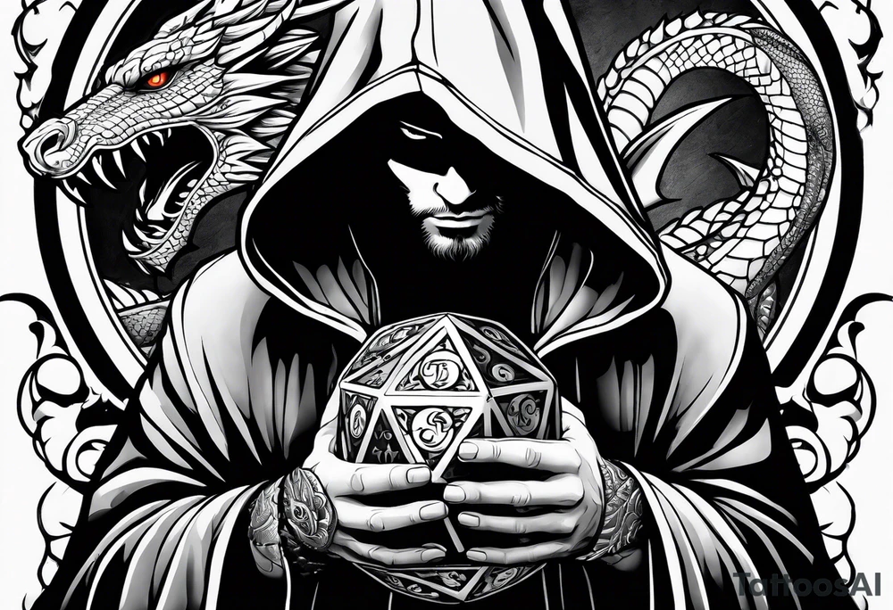 Hooded figure holding a D20 surrounded by a dragon tattoo idea