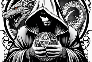 Hooded figure holding a D20 surrounded by a dragon tattoo idea