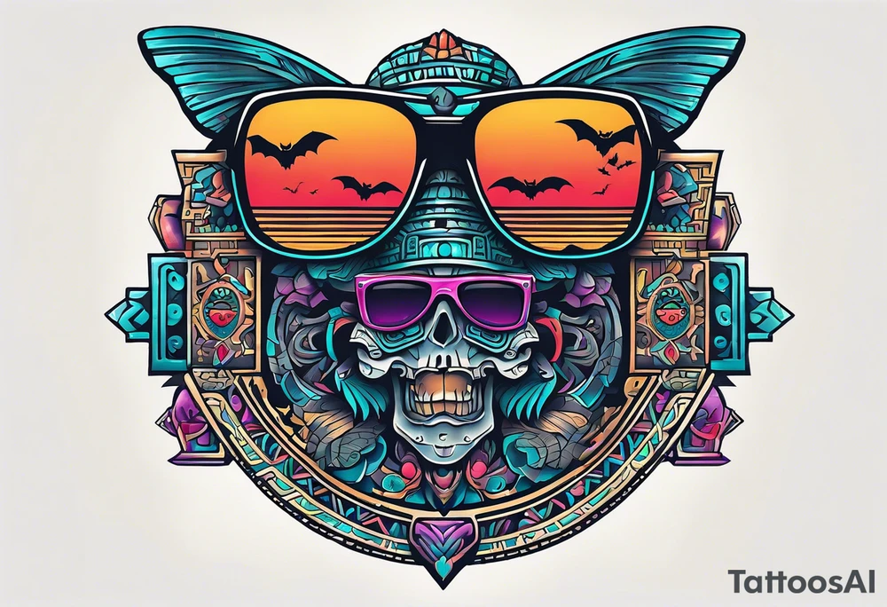 Colorful ancient Mayan hieroglyph made of stone wearing sunglasses reflecting Chichen itza and bats. tattoo idea