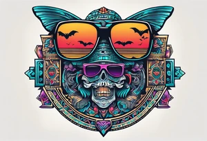 Colorful ancient Mayan hieroglyph made of stone wearing sunglasses reflecting Chichen itza and bats. tattoo idea