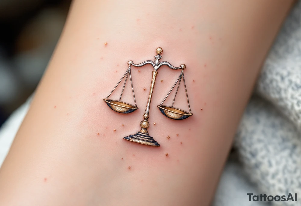 A delicate Libra constellation in shimmering gold ink wraps around a pair of balanced silver scales. tattoo idea
