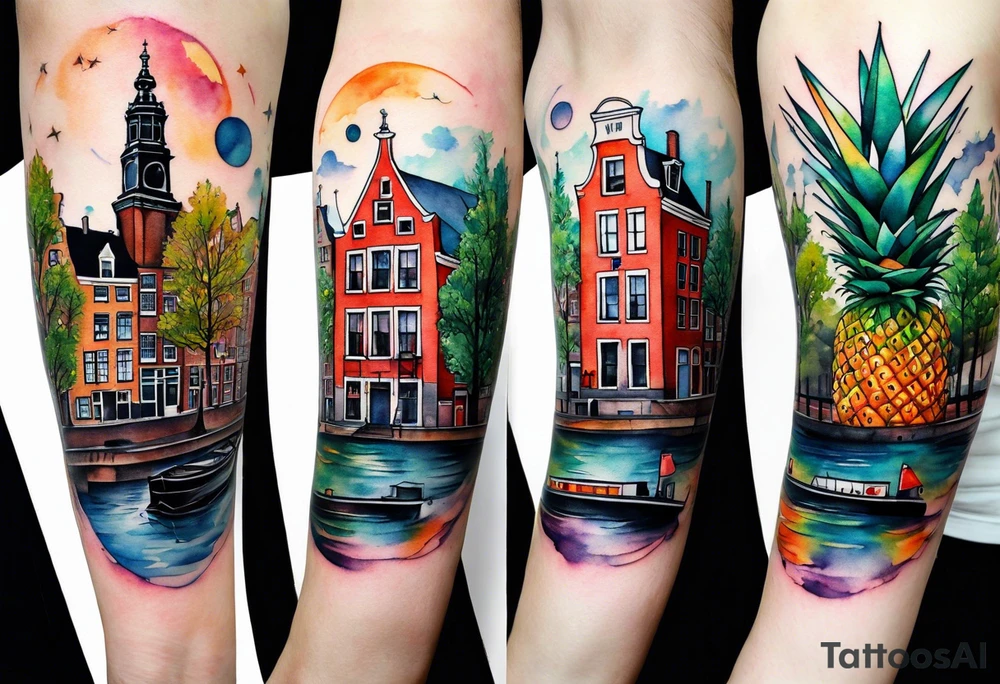 Watercolour style arm tattoo of Amsterdam houses and Amsterdam canal in space featuring wildlife, stag and pineapples tattoo idea