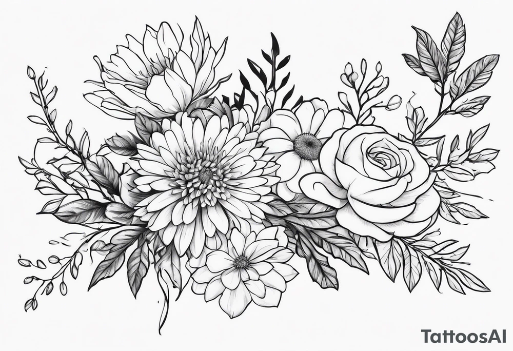 Asters, roses, hawthorns, and chrysanthemums in a long line tattoo idea