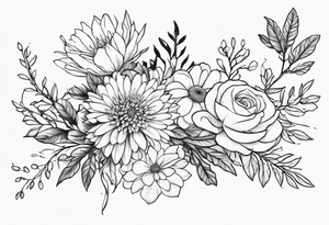 Asters, roses, hawthorns, and chrysanthemums in a long line tattoo idea