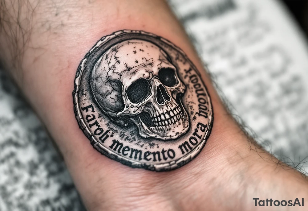 A Roman coin with a skull embossed in silver, the inscription "memento mori" in rough gray Latin lettering beneath it. tattoo idea