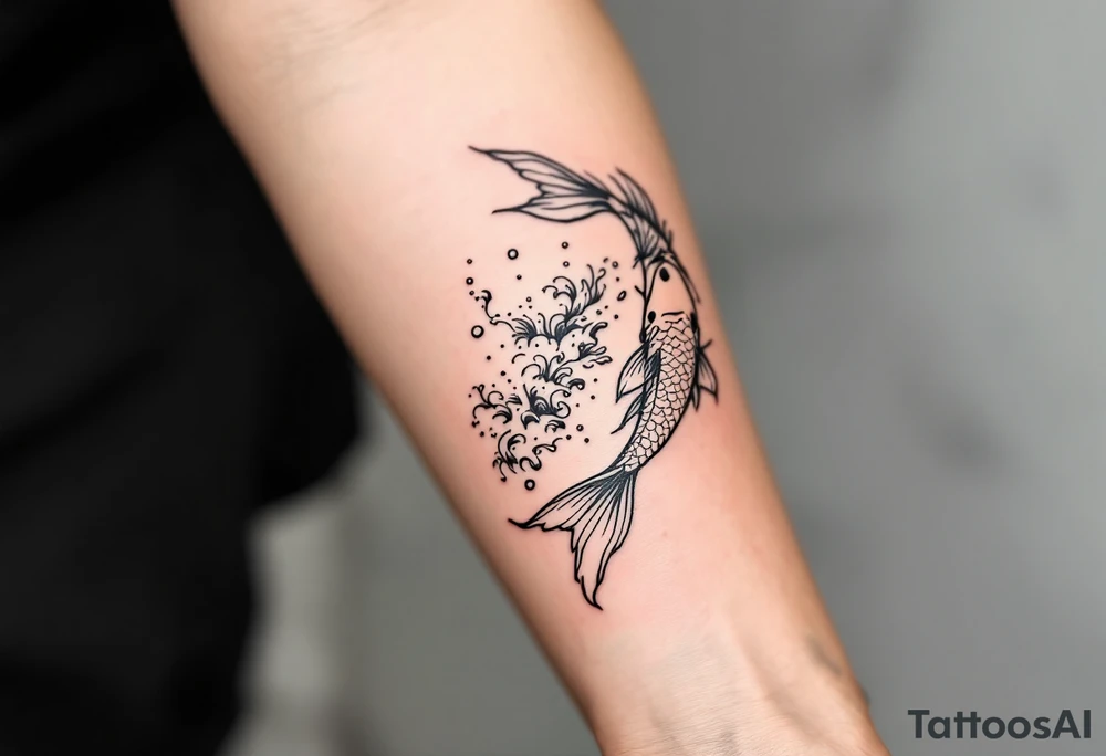 traditional koi fish swimming upstream through turbulent waves tattoo idea