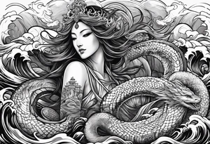 Almighty Serpent and Almighty Jesus Christ battle in the ocean tattoo idea