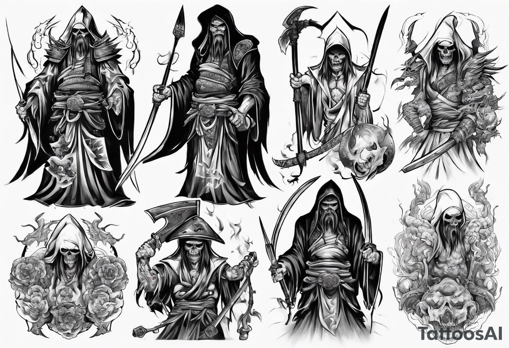 asian warrior who is also a grim reaper tattoo idea