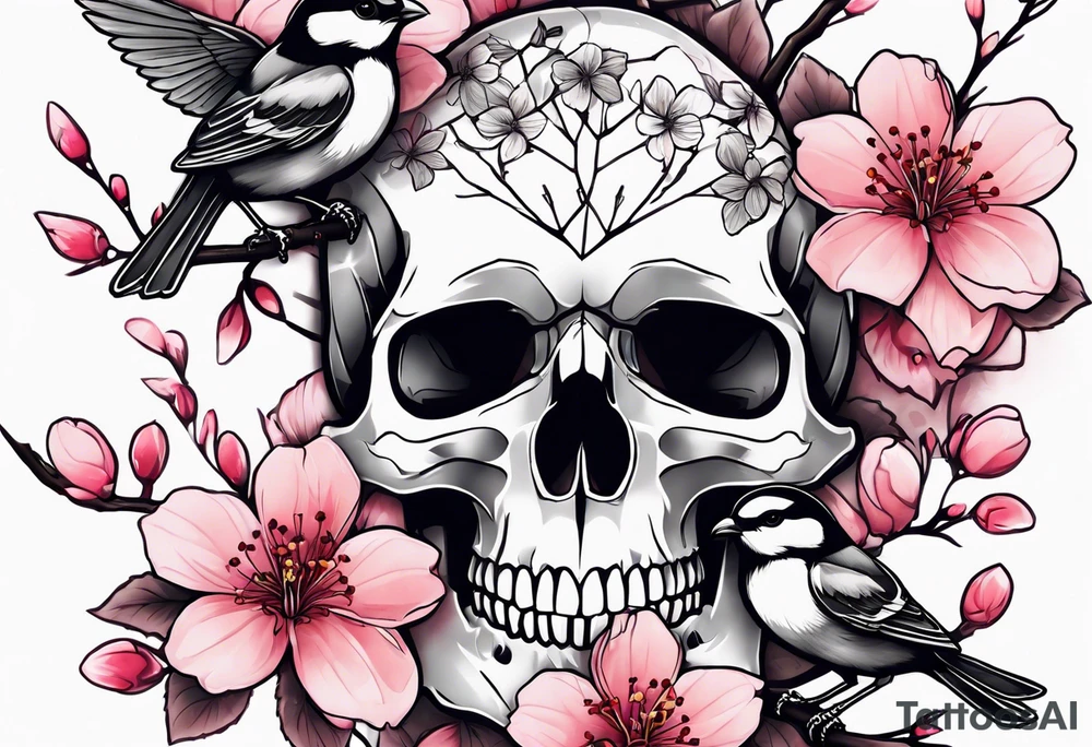 Skulls in cherry blossoms with 3 chickadees full sleeve tattoo idea