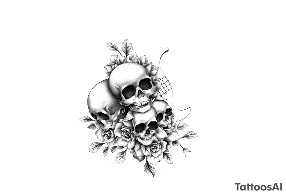 Electric guitar with skulls and roses printed on it tattoo idea