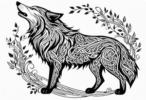 howling wolf made from vines and leaves in Celtic style tattoo idea
