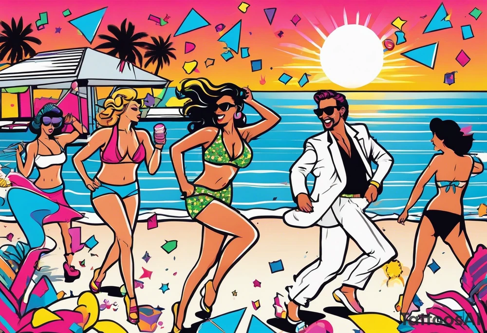 1980's miami vice style beach dance 
party, include confetti, music notes, boom box, bikinis sunset in the center tattoo idea
