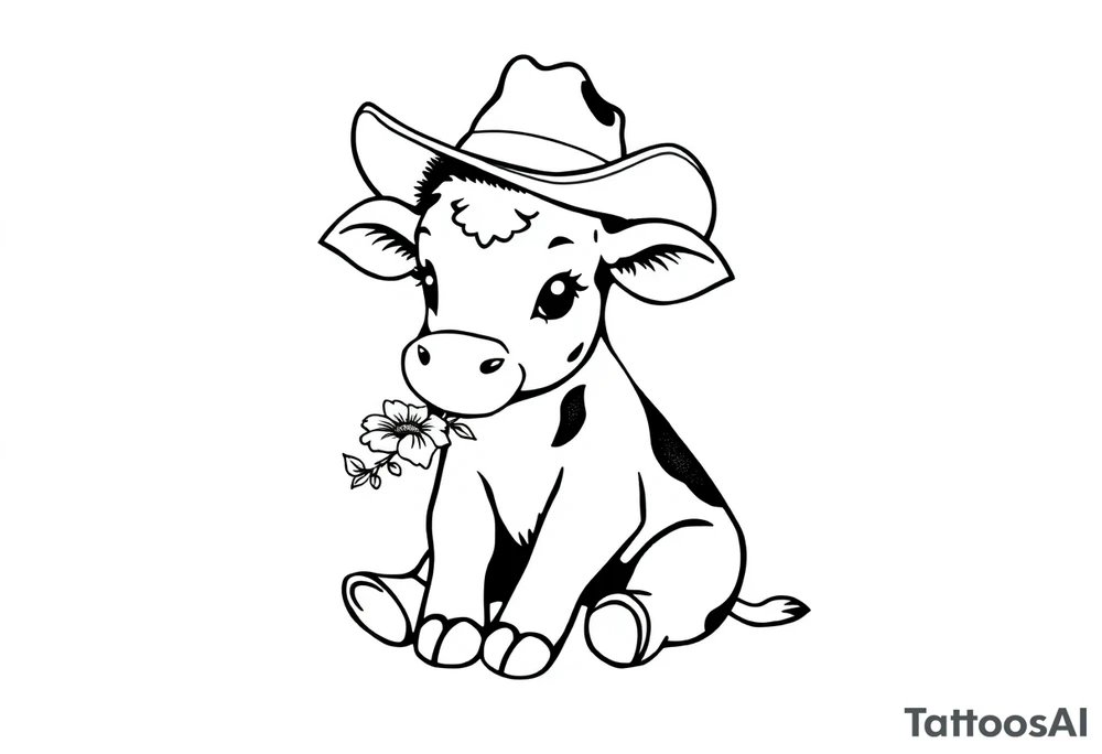 cute black and white baby cow sitting wearing a cowboy hat with a flower in mouth tattoo idea