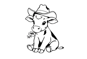 cute black and white baby cow sitting wearing a cowboy hat with a flower in mouth tattoo idea