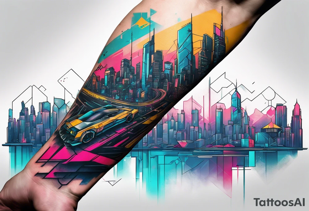 cyberpunk 2077, forearm tattoo, geometric, subtle, men, city skyline, bright colour, tattoo idea