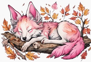 a stote with pink fur and pink ears sleeping in the autumn forest with a pile of bones tattoo idea