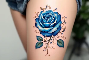 Baroque-style blue rose, rich cobalt petals with golden ornamental swirls and vines around it. tattoo idea
