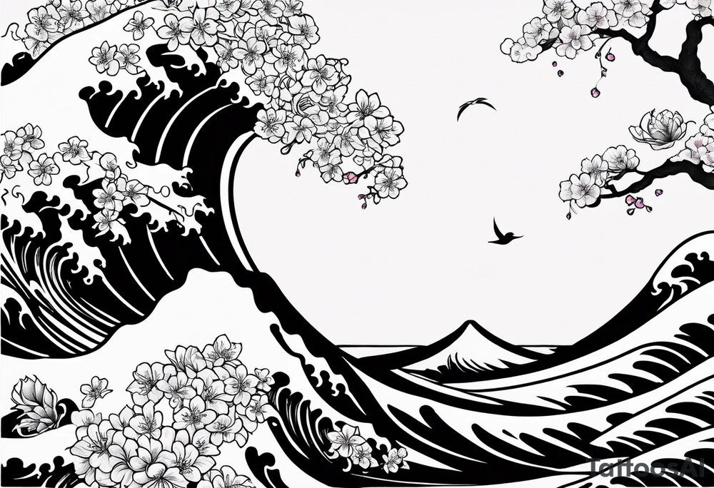 Tori rounded by cherry blossom and death flower and Japanese wave tattoo idea