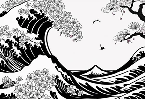 Tori rounded by cherry blossom and death flower and Japanese wave tattoo idea