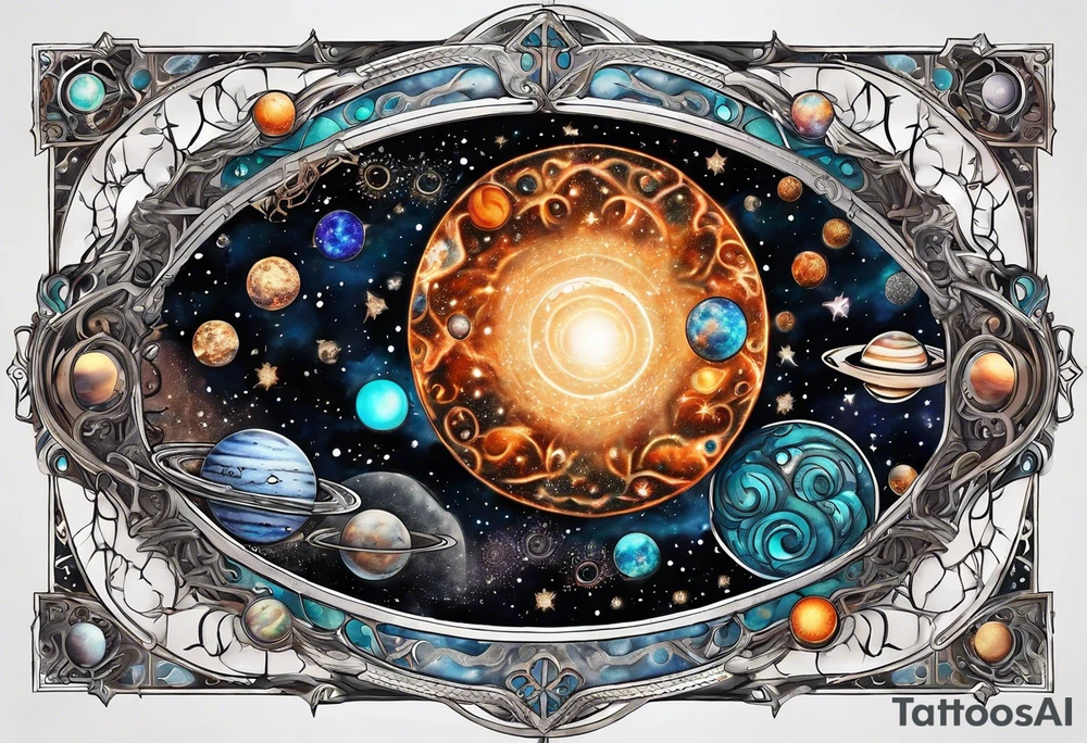 A tattoo featuring a cosmic scene with planets, black holes, and supernovae intertwined with intricate linguistic symbols, reflecting the client's interests in cosmology and linguistics. tattoo idea
