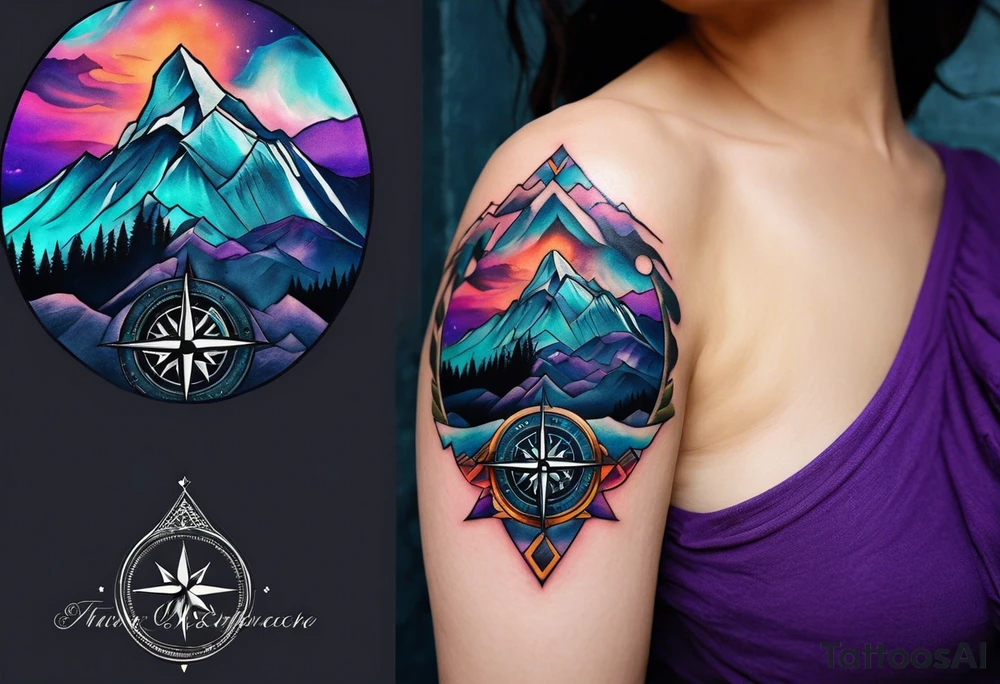 half sleeve tattoo on my shoulder. It features a mountain range, with a compass rose rising up from behind the mountain like a sunrise. In front of the mountains, there are purple and teal flowers. tattoo idea