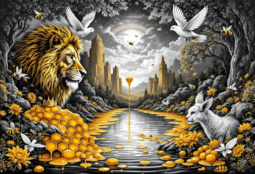 Make a honeycomb dripping honey flowing into a river and lake.  Make a lion, lamb, and dove playing in and by the honey lake.  Make the lion, lamb, and dove playing with and protecting honeybees, a crown, a golden nugget, an ancient hammer, and a harp with melodies.  Make a dna helix in the honey lake. Make an acts 3:21 banner over the tattoo tattoo idea