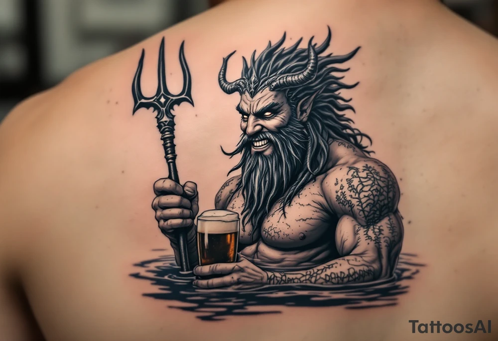 smiling poseidon, with a trident, in calm water, holding a beer tattoo idea