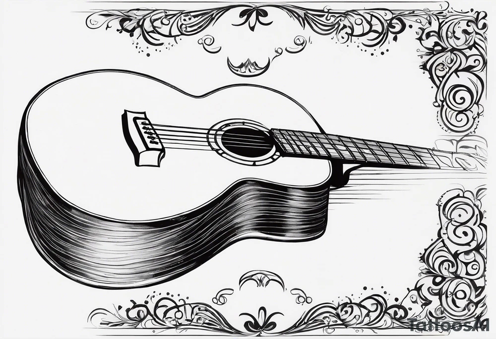 A minimalist guitar design, small in size, with clean lines and vintage detailing. The guitar represents a deep connection to music, with a classic, understated design that captures its essence without embellishments. tattoo idea