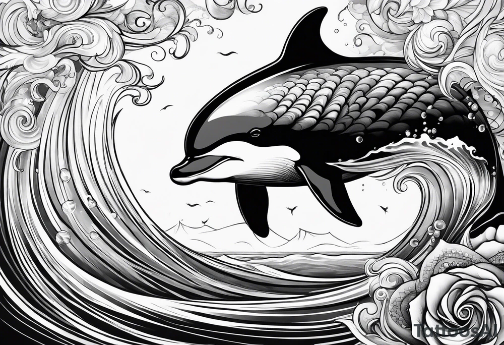 delfin emanando de una ola del mar tattoo idea