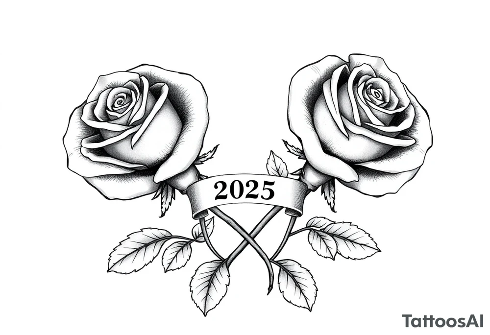 two big beautiful rose buds with leaves and separated by their intertwined cascading stems, with a small banner with the year "2025" on it, tying them together.  Add the following word "Rose" written in Kanji above the drawing. tattoo idea