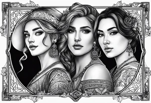 three person side by side. a really young Daughter on the left, mother in the middle, really old grandmother on the right. greater age difference, in an artfully decorated frame tattoo idea