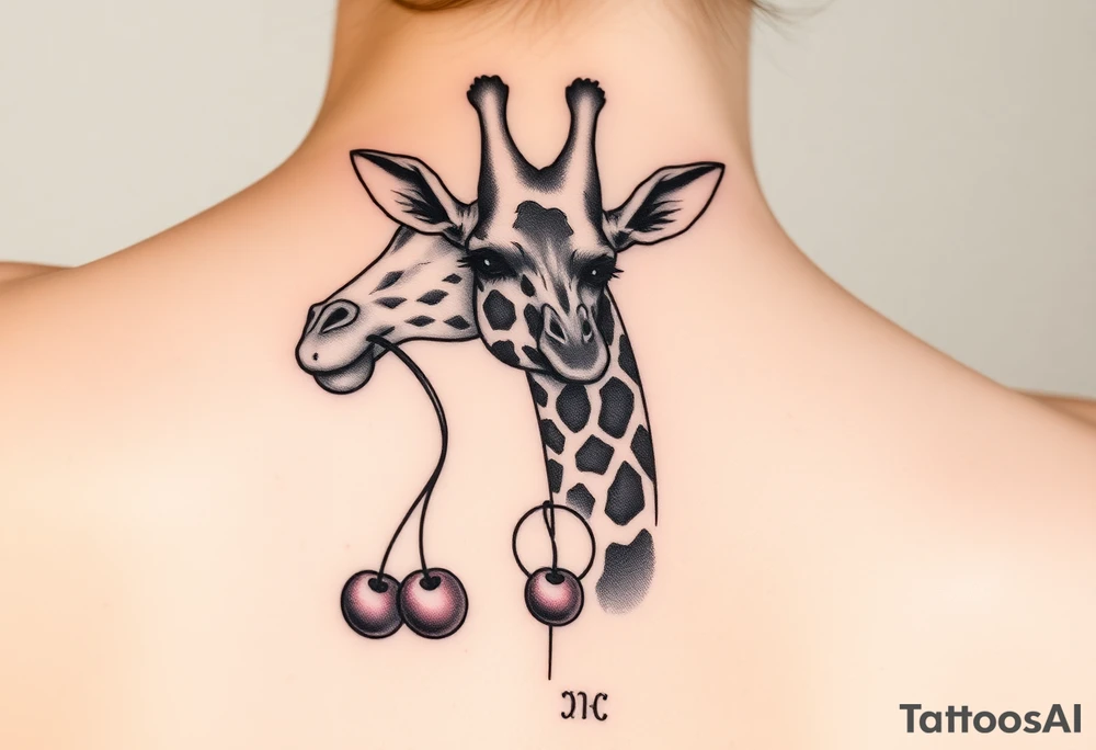 Giraffe with cherries in mouth with moon and gemini symbol tattoo idea