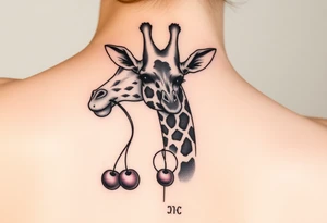 Giraffe with cherries in mouth with moon and gemini symbol tattoo idea