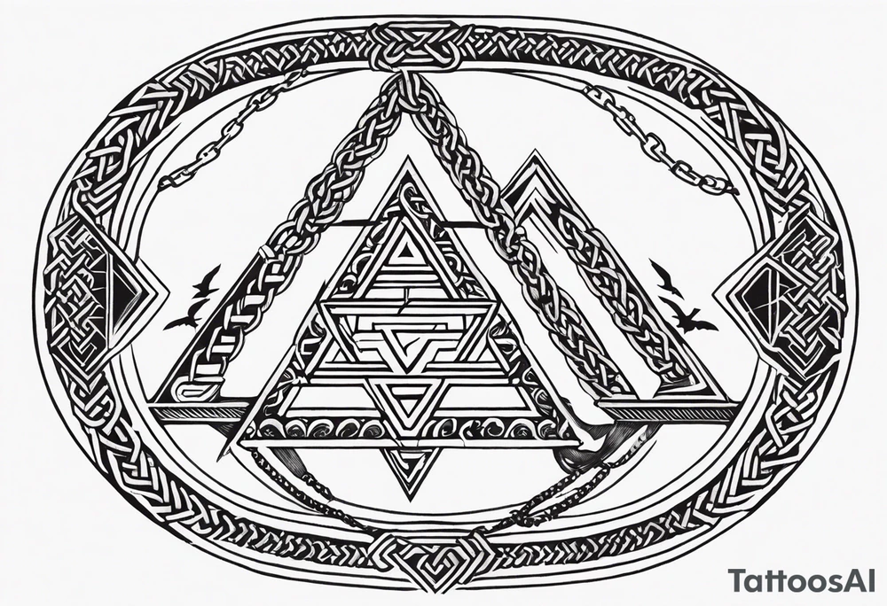 Thin Nordic chain that englobe the forearm, divided in steps with Yggdrasil, Valknut, Uruz (ᚢ), Raido (ᚱ), Gebo (ᚷ), Perthro (ᛈ), Elhaz (ᛉ), Laguz (ᛚ) and Odin’s Ravens. tattoo idea