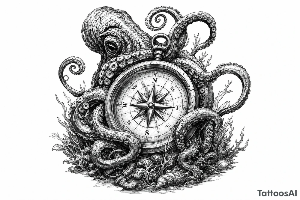 A kraken's tentacles coiling around a nautical compass on a dark ocean floor. tattoo idea