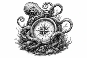A kraken's tentacles coiling around a nautical compass on a dark ocean floor. tattoo idea