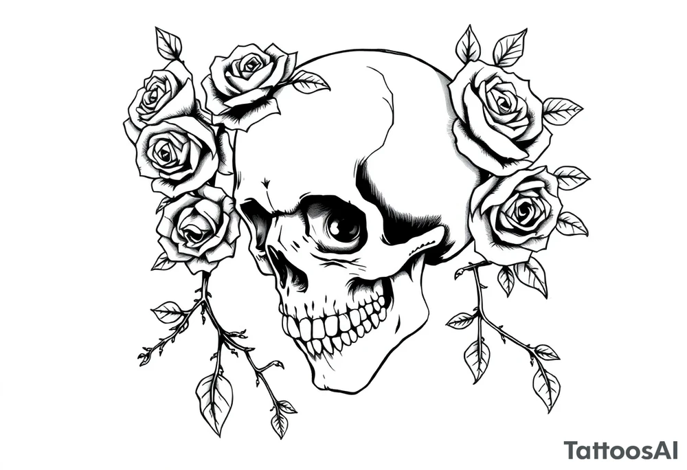 gothic skull intertwined with climbing roses and thorny vines tattoo idea