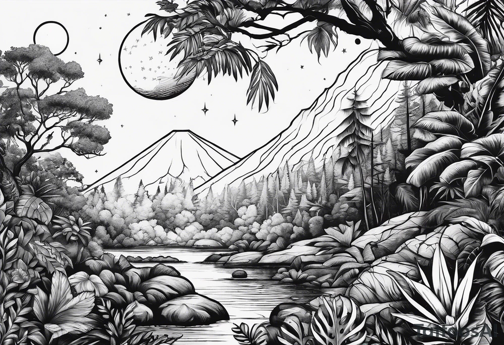 simple jungle, rocket, moon tattoo idea