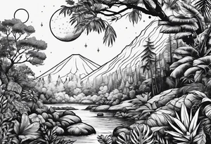 simple jungle, rocket, moon tattoo idea