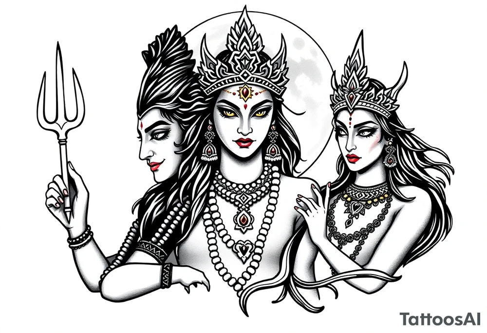 Lord Shiva, Godess Kali, Godess Lilith Together with the moon in the background tattoo idea