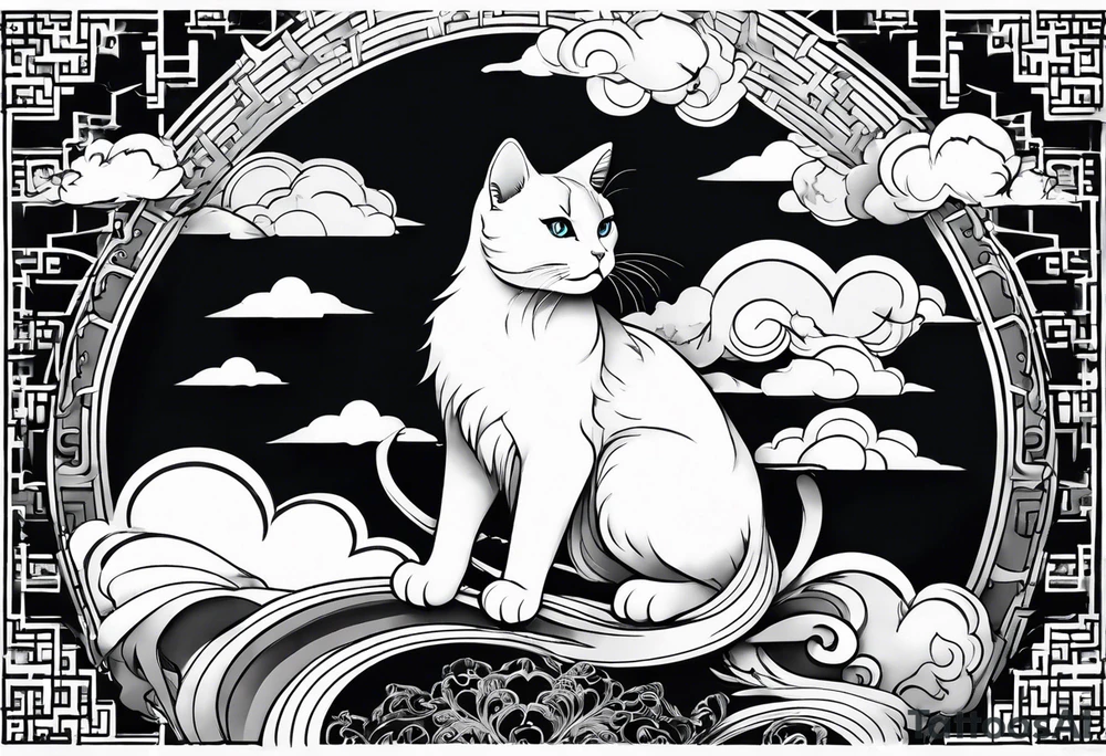 japanese clouds encirkling cat tattoo idea