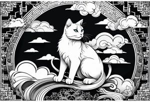 japanese clouds encirkling cat tattoo idea