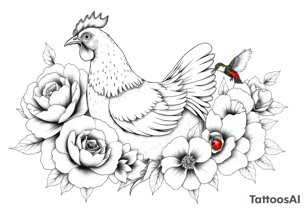 A chicken surrounded by peony , roses and hydrangeas with ladybug on flowers petal with hummingbird tattoo idea