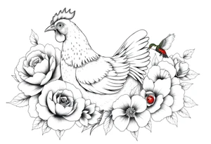 A chicken surrounded by peony , roses and hydrangeas with ladybug on flowers petal with hummingbird tattoo idea